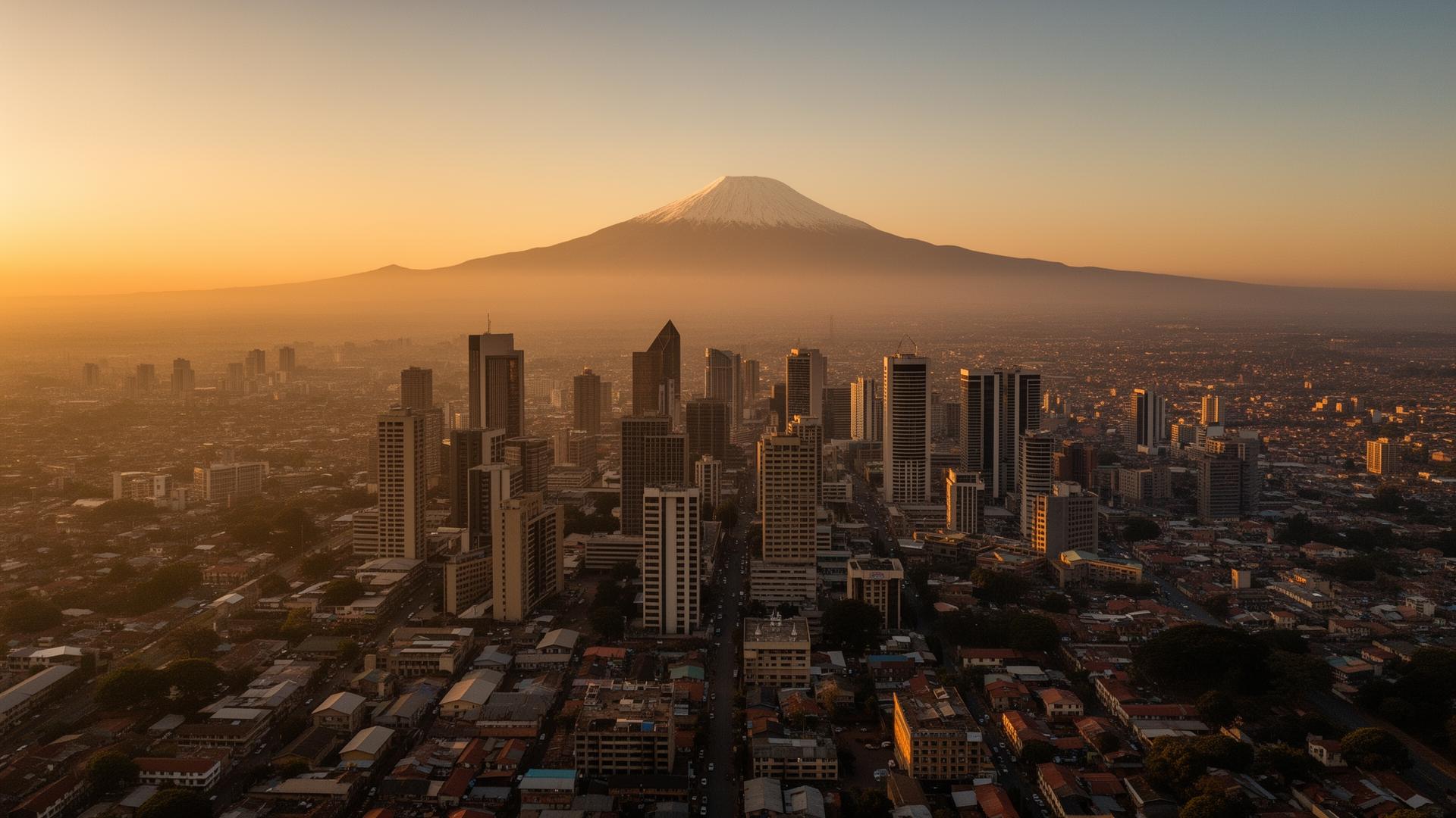 Nairobi skyline at golden hour with Mount Kenya in the distance